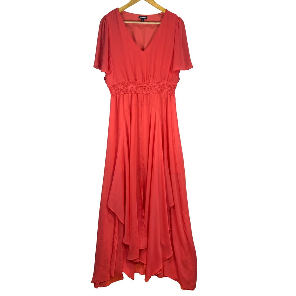 Express Women Coral Pink Smocked Waist Handkerchief Maxi Dress L Chiffon Fairy